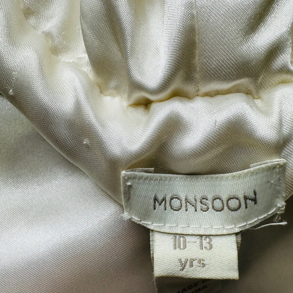 Monsoon Faux Fur Cape Girls 10-13 Satin Bow Tie Hooded Ivory Classic Quality